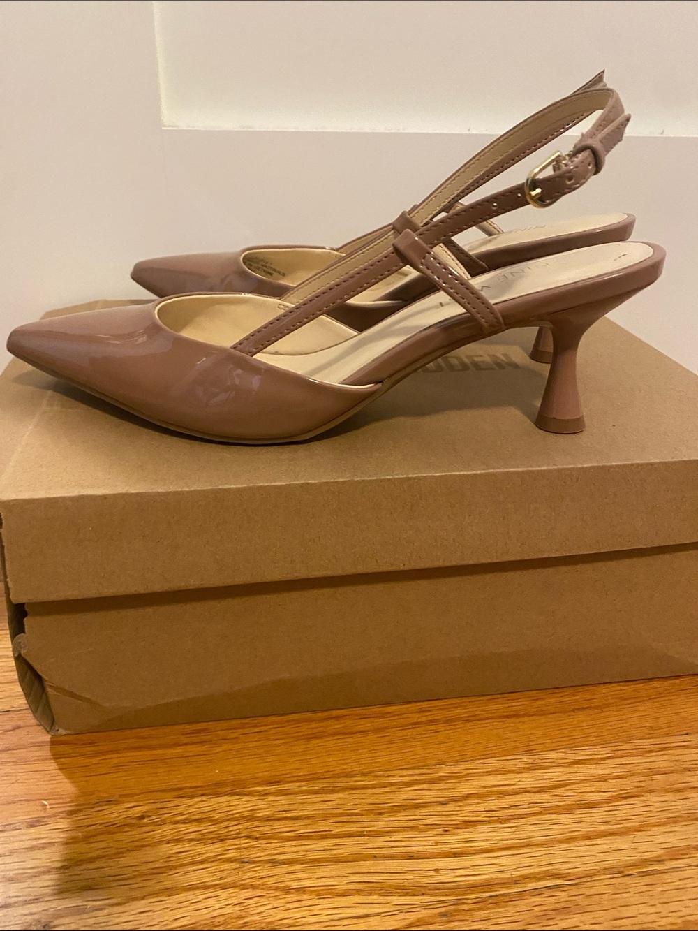 Nine West Patent Pointed-Toe Slingback Pumps in Taupe - Picture 2 of 6